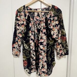Fig & Flower XL Navy Floral Print Blouse Top Tie Neck  3/4 Sleeve Womens